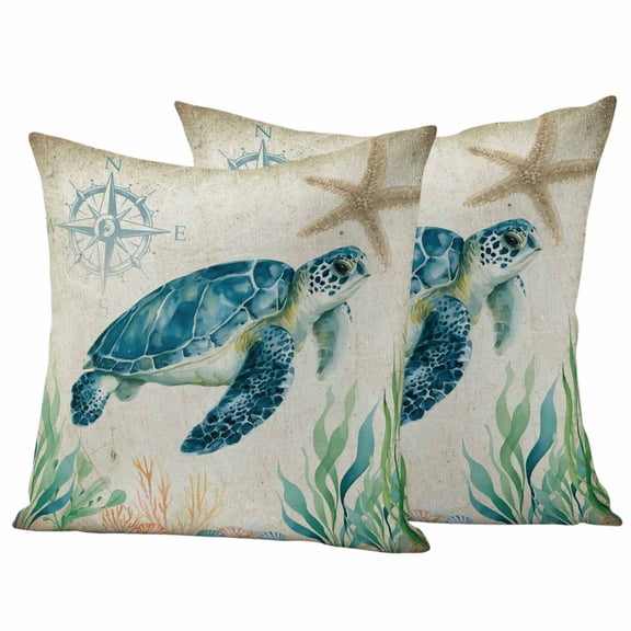 Outdoor Throw Pillows Covers 26x26inx2 Set Of 2 Waterproof Beach Coastal Theme Decorative Zippered Cushion Covers for Patio Furniture, Vintage Sea Turtle Lumbar Pillowcases,