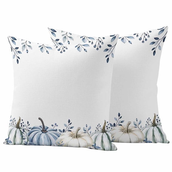 Outdoor Throw Pillows Covers 26x26inx2 Set Of 2 Waterproof Boho Fall Thanksgiving Decorative Zippered Cushion Covers for Patio Furniture, White Blue Pumpkin Eucalyptus Leaf Lumbar Pillowcases,