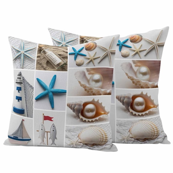 Outdoor Throw Pillows Covers 26x26inx2 Set Of 2 Waterproof Coastal Beach Themed Decorative Zippered Cushion Covers for Patio Furniture, Summer Ocean Starfish Shell Boat Lumbar Pillowcases,