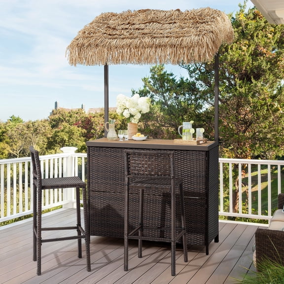 Outdoor Tiki Bar Set, 3 Pieces All-Weather Wicker Patio Bar Set with 2 Height Stools and Storage , Outdoor Bar Set for Outside Patio, Garden, Backyard, Brown