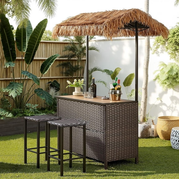Outdoor Tiki Bar Set with Palapa Top - 3 Piece Wicker Bar Height Patio Set with 2 Stools, Storage Shelves & Wine Glass Rack, All-Weather Patio Bar Set for Garden Deck Backyard Brown