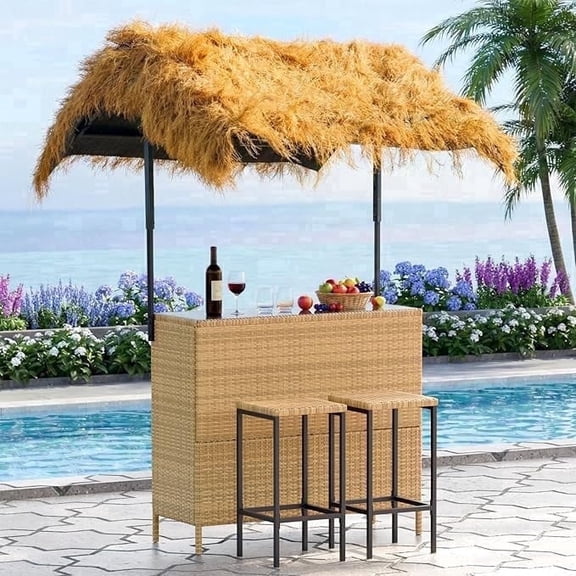 LAZZO 3 Pieces Outdoor  Bar Set, Patio Wicker Bar Set with Height Stools and Islander Tiki Bar for Garden, Yellow