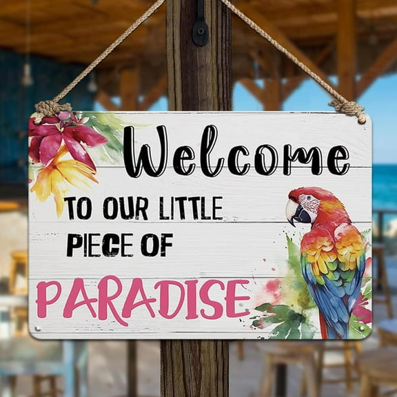 Outdoor Tiki Bar Welcome Sign, Vintage Beach Metal Tin Pool Patio Wall Art Decor, 12 x 8 Inch