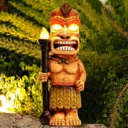 Outdoor Tiki Statue Garden Decoration: Solar Powered Tiki Figurine with Light - Hawaiian Tiki Man Ornament Totem Pole for Tiki Bar Party Beach Pool Decor
