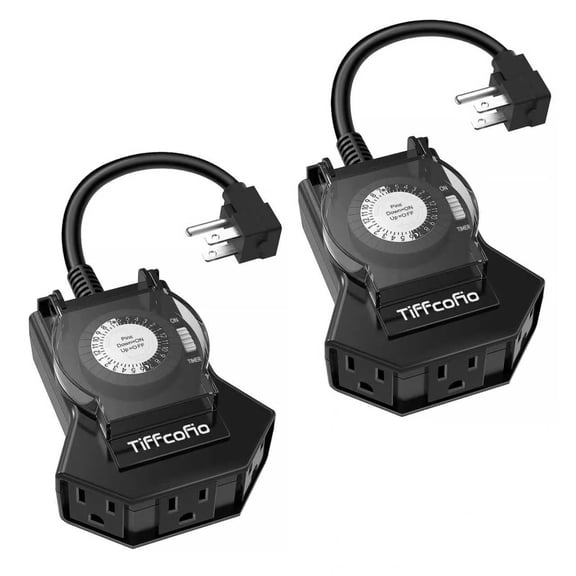 Outdoor Timer Outlet Waterproof, 24 Hour Mechanical Light Timer Outdoor, 2 Grounded Outlets for Home and Garden, 15A 1/2HP, Heavy Duty, ETL Listed (2 Packs)