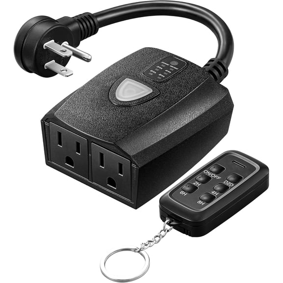 Outdoor Timer Outlet Waterproof with 11 Modes, Outdoor Light Timer, 100FT Remote Control, for Outdoor Lights, Pump, Sprinkler, Fountain, Black