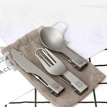 Outdoor Titanium Cutlery Set - 3-Piece Folding Knife Fork Spoon Travel Utensil Kit with Carrying Case, Lightweight Portable Camping Tableware, Gray Metal, 100g/0.22LB, 9x4x0.5cm