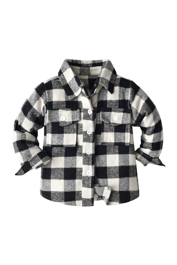 Outdoor Top for Boy Flannel Jacket Plaid Long Sleeve Lapel Shacket Pockets Coat Holiday Top for Boy,Black,110