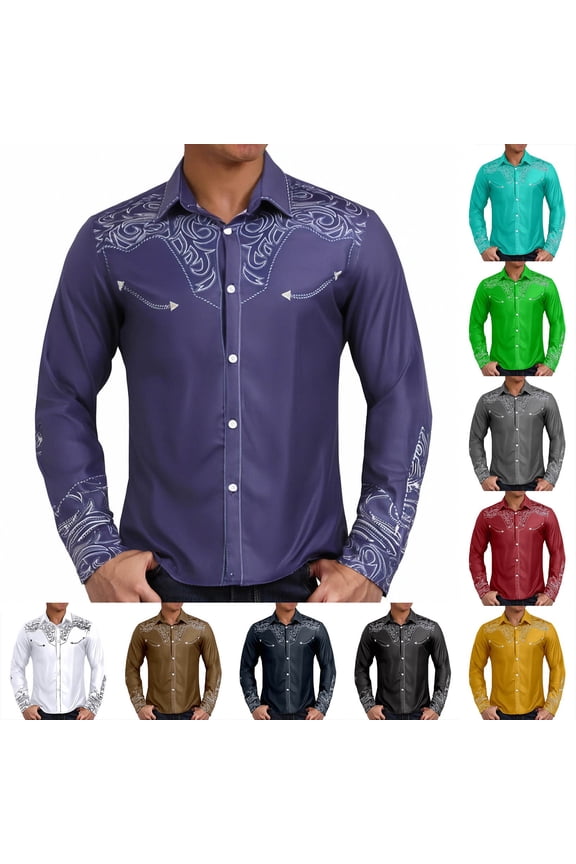 Outdoor Top for Men European Retro Western Denim Pattern Printed Compression Shirt Men,Blue,5XL