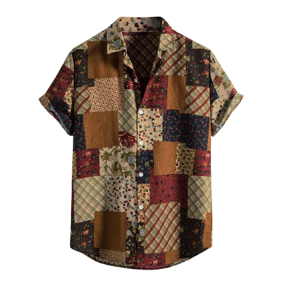 Outdoor Top for Men Fashion Button Down Printed Short Sleeve Lapel Beach Vacation Clothes for Men,Yellow,L