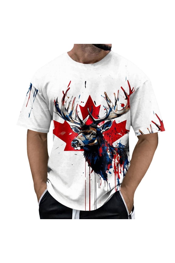 Outdoor Top for Men Maple Leaf Graphic Print Short Sleeve Crew Neck Summer Shirt for Men,White,3XL