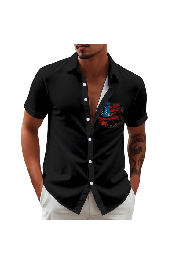 Outdoor Top for Men Short Sleeve Independence Day Print Patriotic Button Up Beach Tops,Black,3XL