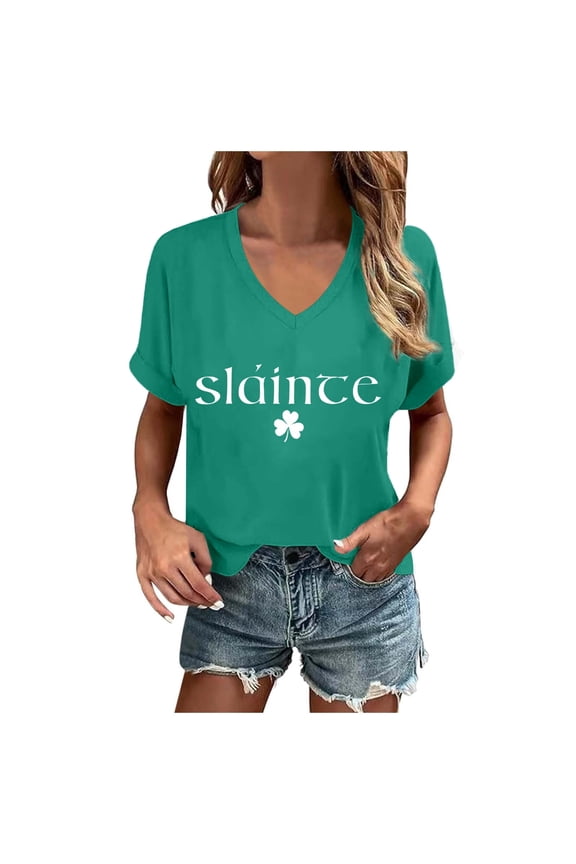 Outdoor Top for Women V Neck Soft Short Sleeve Letter Printed Beach Tops,Green,XL