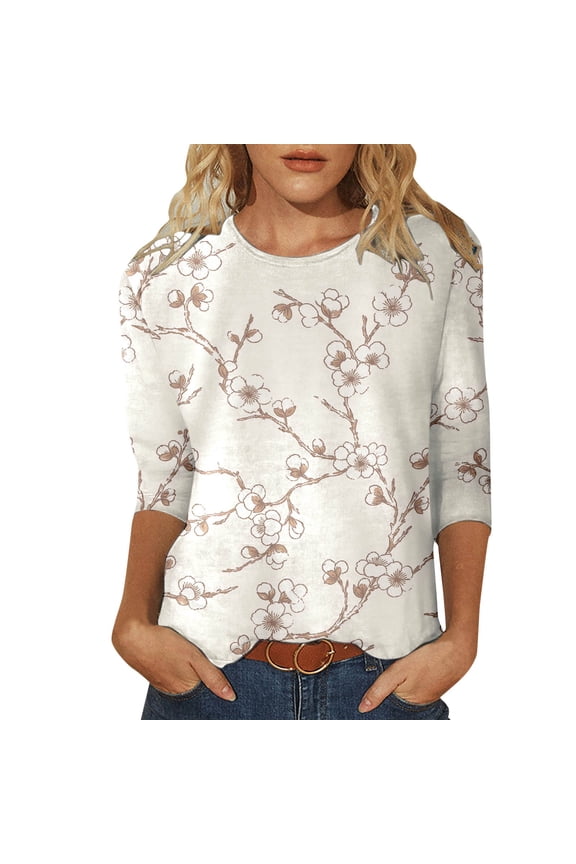 Outdoor Tops for Women Front Printed Round Neck Short Sleeve Blouses for Women,Beige,S