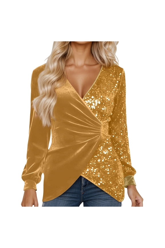 Outdoor Tops for Women Long Sleeve Sequin Velvet Collar Asymmetrical Hem Petite Clothing for Women,Yellow,XL