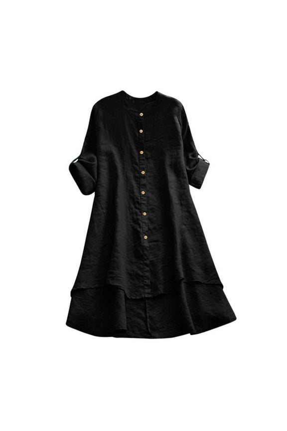 Outdoor Tops for Women Loose Sleeve Long Long Button Soild Beach Vacation Clothes for Women,Black,L