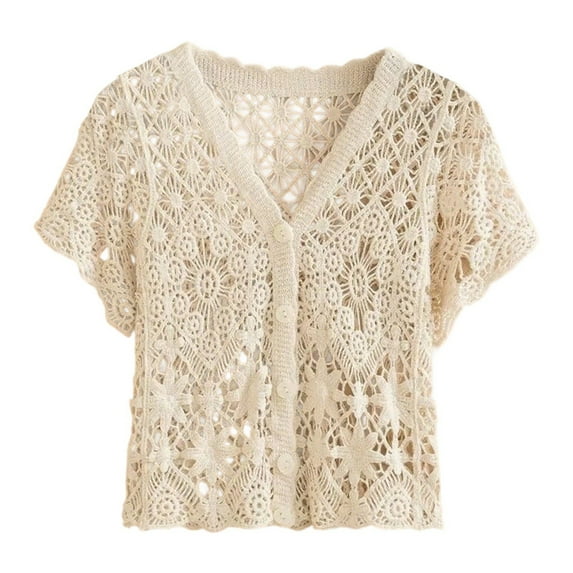 Outdoor Tops for Women V Neck Short Sleeve Crochet Hollow Out Knit Cover Up Ribbed Tops for Women,Beige,M