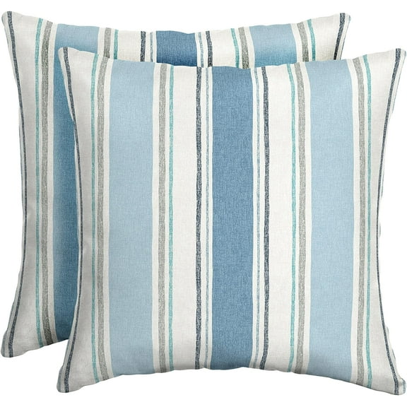 Outdoor Toss Pillow, 2 Pack, 16 x 16, Rain-Proof, Fade Resistant French Blue Linen Stripe