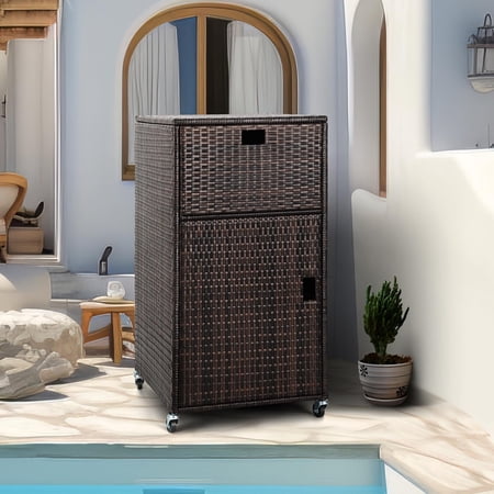Outdoor Towel Rack for Pool Outdoor Pool Towel Storage Cabinet with Shelf & Drawer Pool Towel Hoder with Rolling Wheels Hot Tub Towel Rack W/Waterproof Cover Poolside Towel Valet Caddy for Spa Brown