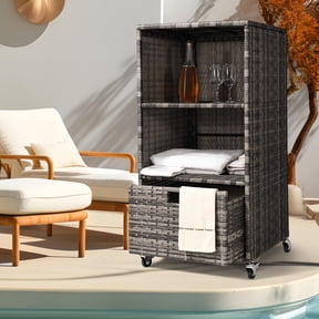 Outdoor Towel Rack for Pool Outdoor Pool Towel Storage Cabinet with Shelf & Drawer Pool Towel Hoder with Rolling Wheels Hot Tub Towel Rack W/Waterproof Cover Poolside Towels Valet Caddy for Spa Grey
