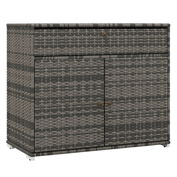 Outdoor Towel Rack & Pool Toy Cabinet, Hot Tub Accessory Storage, Freestanding PE Rattan Wicker Cabinet with Drawer for Indoor, Outdoor Swimming Pool, Spa, Gray