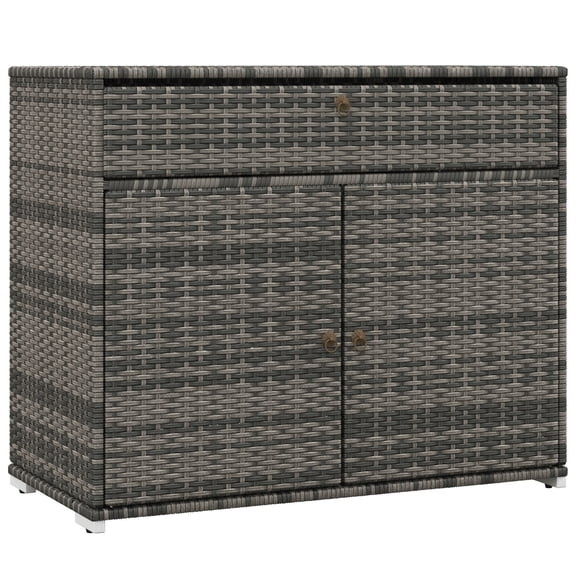 Outdoor Towel Rack & Pool Toy Storage Cabinet, Freestanding PE Rattan Wicker Cabinet with Drawer for Swimming Pool, Hot Tub, Spa, Patio, Grey