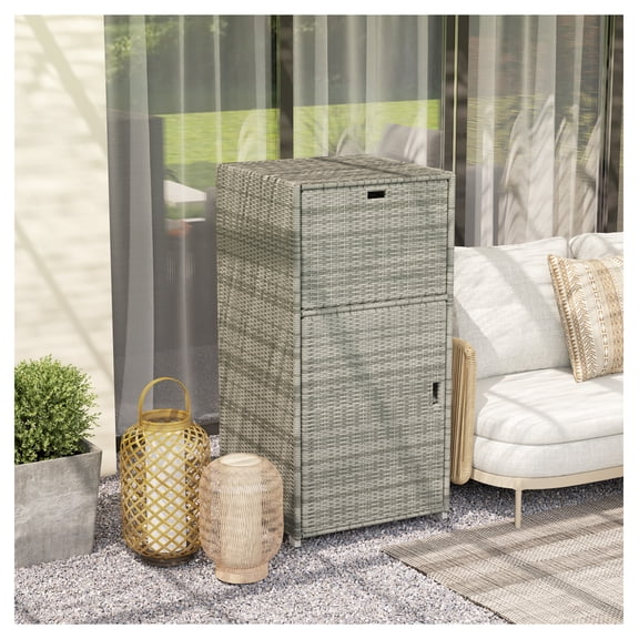 Outdoor Towel Rack with Cabinet & Drawer, Poolside Storage - Gray Rattan