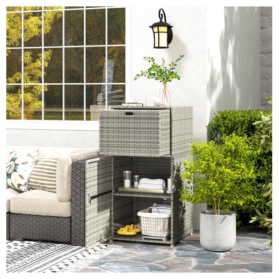 Outdoor Towel Rack with Drawer & Cabinet, Gray - Poolside Storage Valet, Rattan PE Wicker, Patio Towel Cabinet, Beach Towel Holder