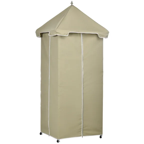 Outdoor Towel Valet Caddy with Canopy Cover, Rolling Poolside Towel Holder Rack with Storage Basket and Shelves, Beige, 78.75 Inch