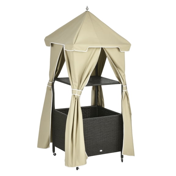 Outdoor Towel Valet, Covered Pool Towel Rack with Basket, Rolling PE Rattan Storage Caddy, Beige - Poolside Towel Holder for Patio, Deck, Spa