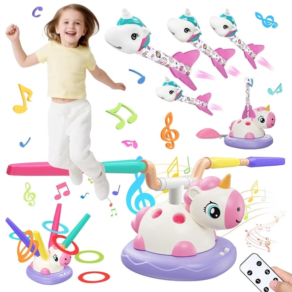 Outdoor Toys for Kids Ages 4-8, 3 in 1 Musical Jump Toys, Toss Ring Game, Rocket Launcher, Outside Toys Yard Sports Games Gifts for 3 4 5 6 7 8 Year Old Girls