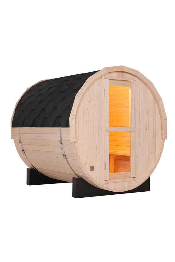 Outdoor Traditional Barrel Steam Sauna 2-4 Person Natural White Pine Sauna Room with Tempered Glass Door, Weather-Resistant Asphalt Roof for Garden, Backyard