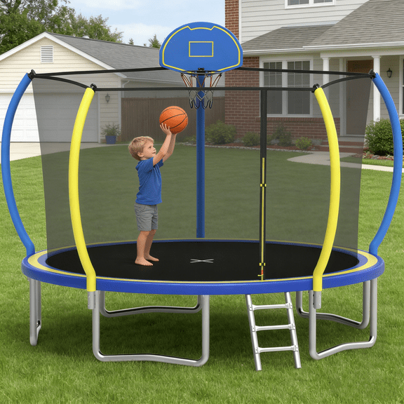 Outdoor Trampoline with Enclosure Net, Segmart 12Ft Trampolines for Kids and Adults, Recreational Trampoline with Ladder, Heavy Duty Yard Trampolines, Heavy-Duty Galvanized Steel Round Trampolines
