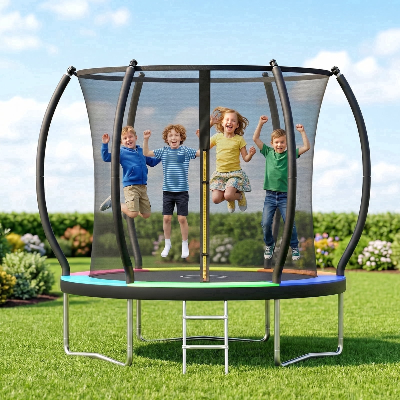Outdoor Trampoline,Fashionsport Outfitters 8FT/10FT/12FT/14FT Round Jumping Trampoline with Enclosure Net and Ladder,Recreational Backyard Trampolines Anti-Rust for Kids Birthday Gift