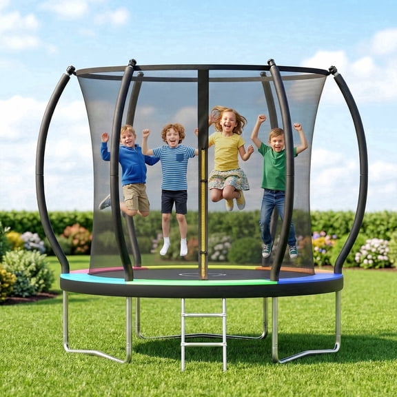 Outdoor Trampoline,Fashionsport Outfitters 8FT/10FT/12FT/14FT Round Jumping Trampoline with Enclosure Net and Ladder,Recreational Backyard Trampolines Anti-Rust for Kids Birthday Gift