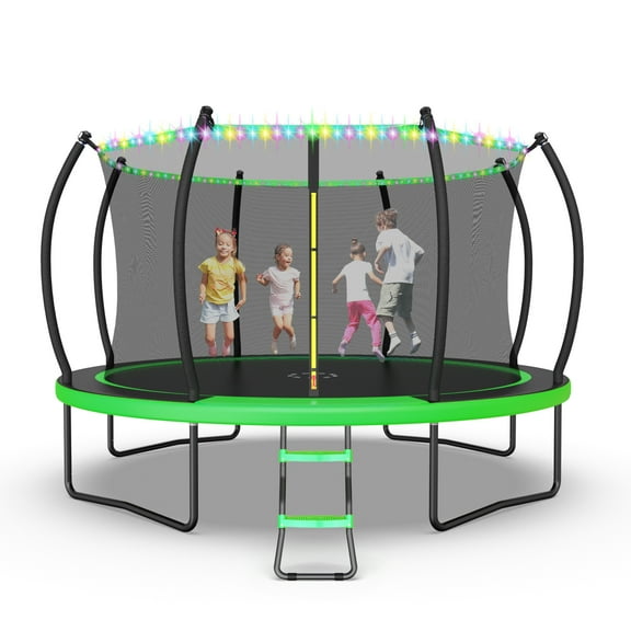 Outdoor Trampoline,Fashionsport Outfitters 10FT/12FT/14FT Round Trampoline with LED Lights, Recreational Backyard Trampolines Anti-Rust for Kids and Adults with Net and Ladder
