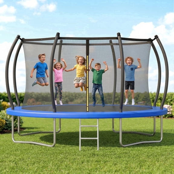 Outdoor Trampoline,Fashionsport Outfitters 8FT/10FT/12FT/14FT Round Jumping Trampoline with Enclosure Net and Ladder,Recreational Backyard Trampolines Anti-Rust for Kids Birthday Gift