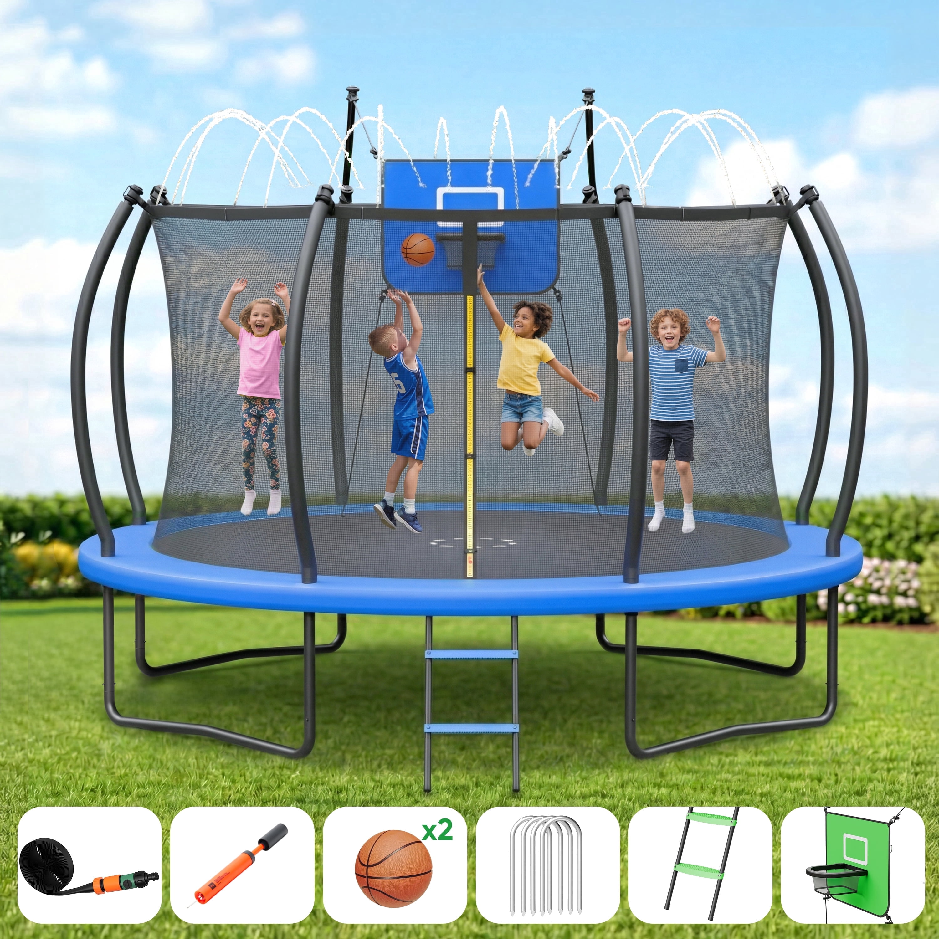 Outdoor Trampoline,Fashionsport Outfitters 8FT/12FT/14FT/16FT Round Jumping Trampoline with Ladder,Sprinkler,Basketball Hoop Board,Recreational Backyard Trampolines Anti-Rust for Kids Gift