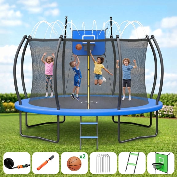 Outdoor Trampoline,Fashionsport Outfitters 8FT/12FT/14FT/16FT Round Jumping Trampoline with Ladder,Sprinkler,Basketball Hoop Board,Recreational Backyard Trampolines Anti-Rust for Kids Gift