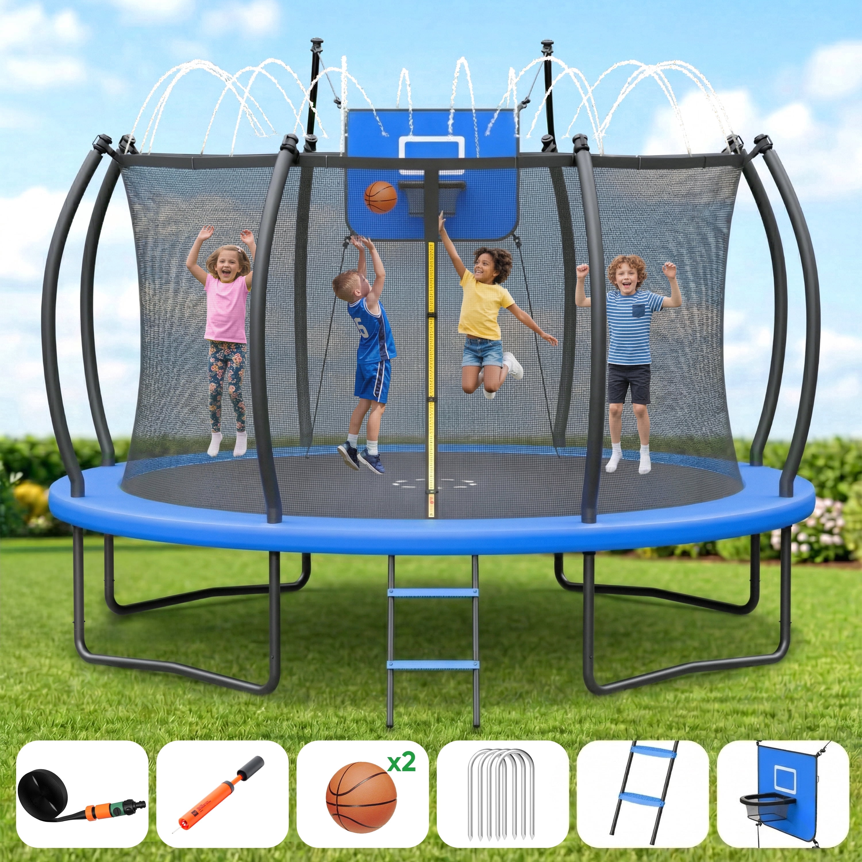 Outdoor Trampoline,Fashionsport Outfitters 8FT/12FT/14FT/16FT Round Jumping Trampoline with Ladder,Sprinkler,Basketball Hoop Board,Recreational Backyard Trampolines Anti-Rust for Kids Gift