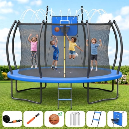 Outdoor Trampoline,Fashionsport Outfitters 8FT/12FT/14FT/16FT Round Jumping Trampoline with Ladder,Sprinkler,Basketball Hoop Board,Recreational Backyard Trampolines Anti-Rust for Kids Gift