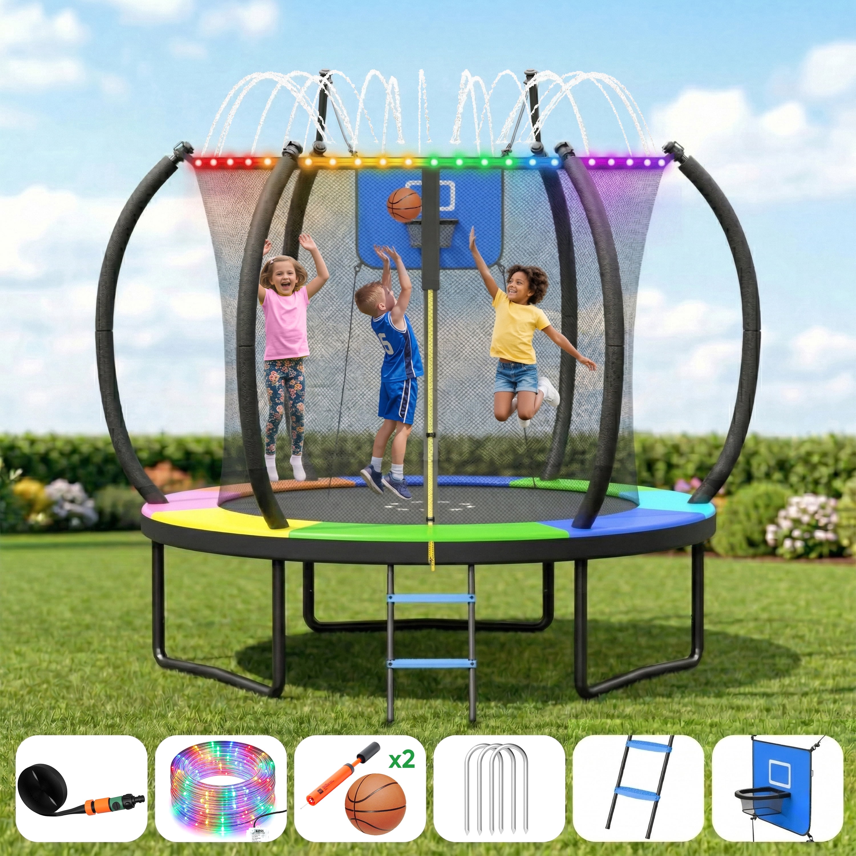 Outdoor Trampoline,Fashionsport Outfitters 8FT Round Jumping Trampoline with Ladder,String light,Sprinkler,Basketball Hoop Board,Recreational Backyard Trampolines Anti-Rust for Kids Gift