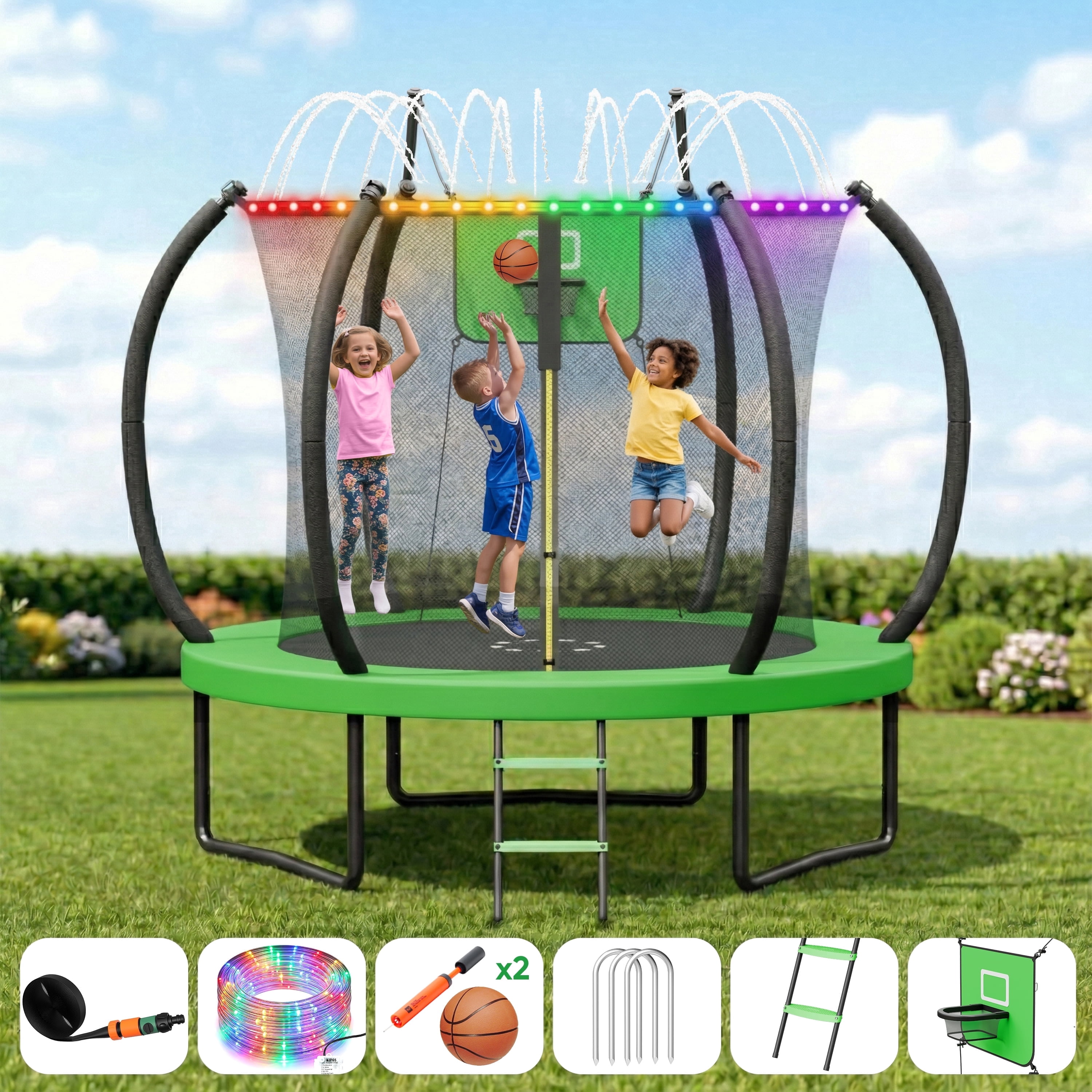 Outdoor Trampoline,Fashionsport Outfitters 8FT Round Jumping Trampoline with Ladder,String light,Sprinkler,Basketball Hoop Board,Recreational Backyard Trampolines Anti-Rust for Kids Gift
