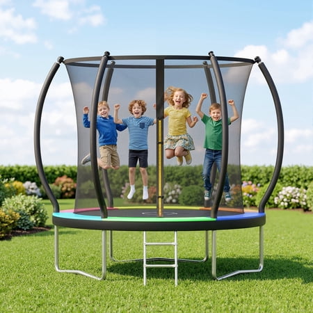 Outdoor Trampoline,Fashionsport Outfitters 8FT/10FT/12FT/14FT Round Jumping Trampoline with Enclosure Net and Ladder,Recreational Backyard Trampolines Anti-Rust for Kids Birthday Gift