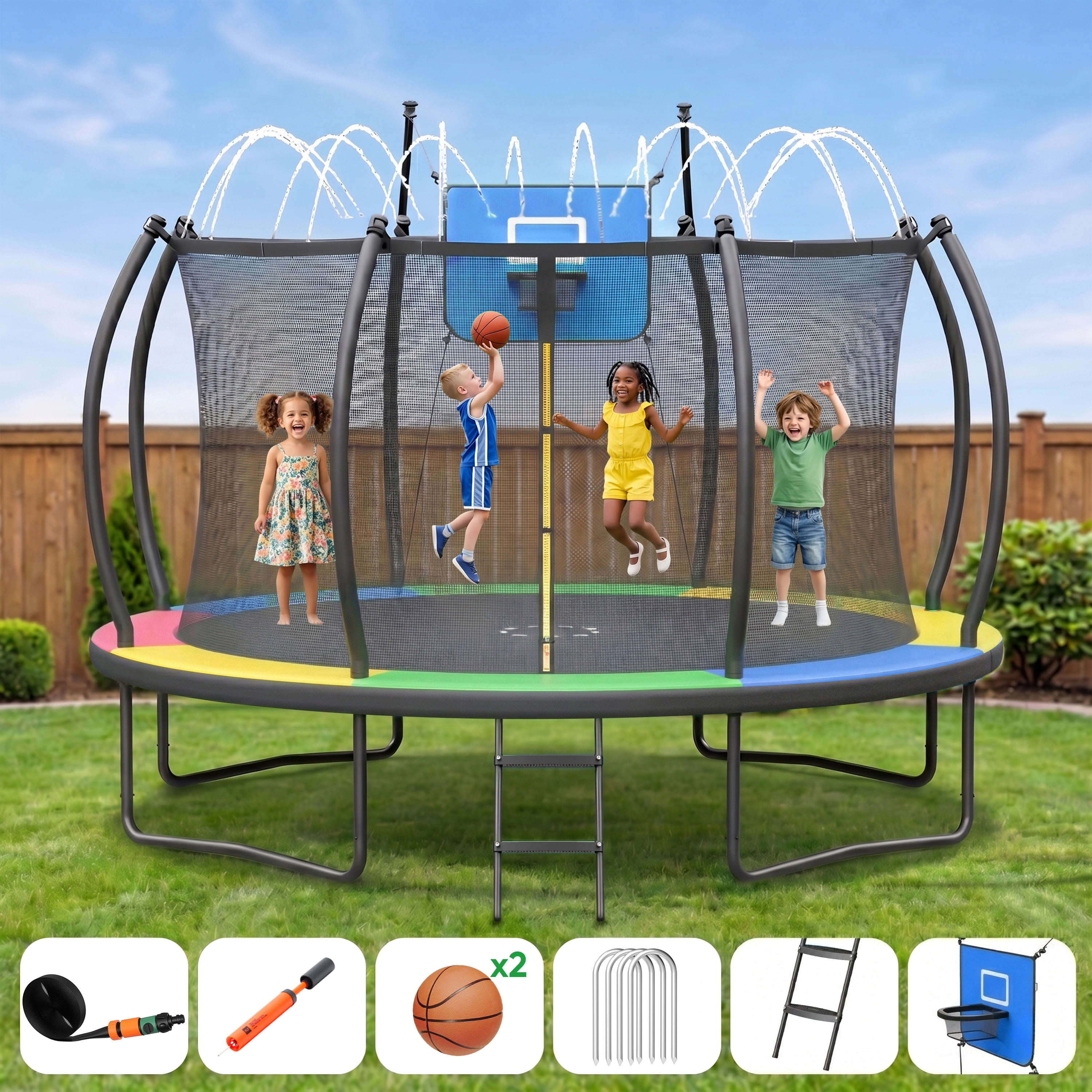 Gardwin Outdoor Trampoline 12FT/14FT Round Jumping Trampoline with Ladder,Sprinkler,Basketball Hoop Board,Recreational Backyard Trampolines Anti-Rust for Kids Gift