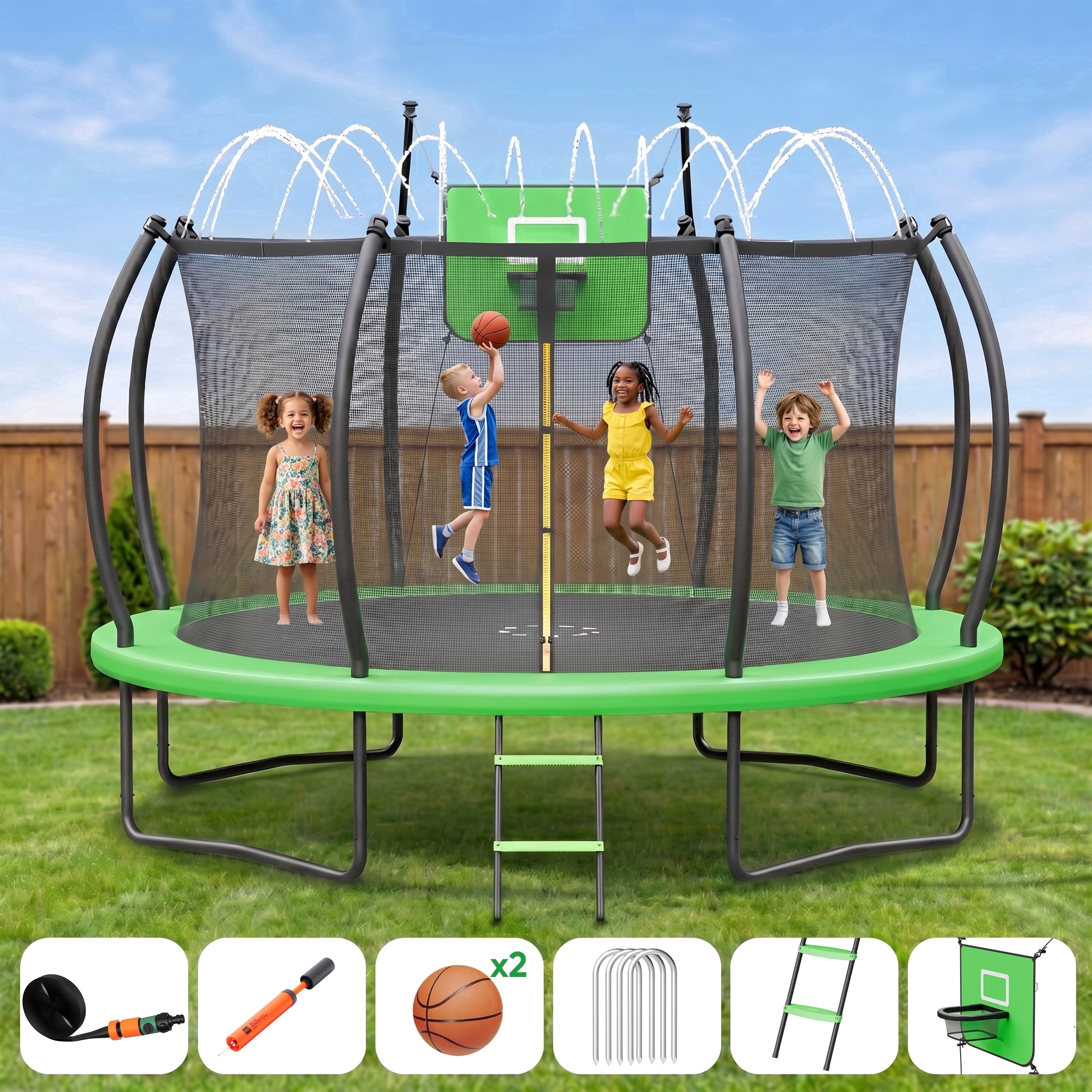 Outdoor Trampoline,Gardwin 12FT/14FT Round Trampoline with with Ladder,Sprinkler,Basketball Hoop Board,Recreational Backyard Trampolines Anti-Rust for Kids Gift