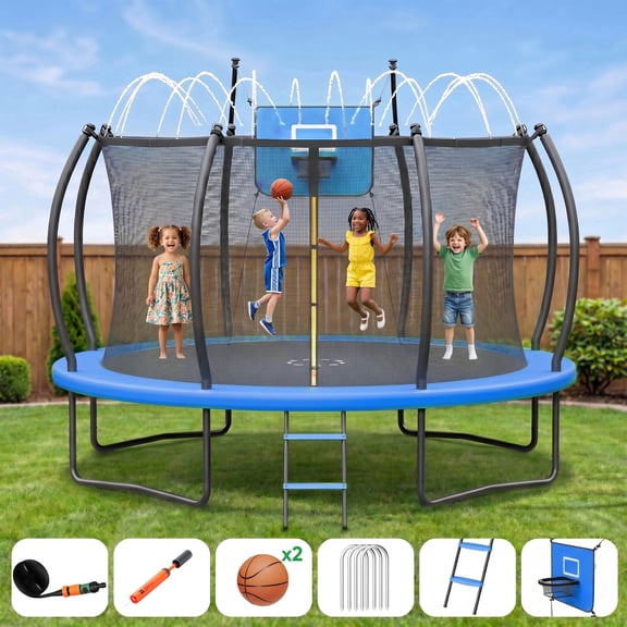 Outdoor Trampoline,Gardwin 12FT/14FT Round Trampoline with Ladder,Sprinkler,Basketball Hoop Board,Recreational Backyard Trampolines Anti-Rust for Kids Gift