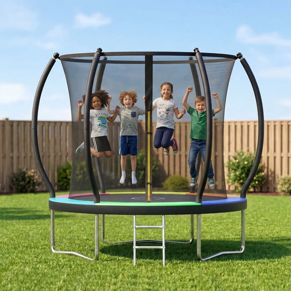 Gardwin Outdoor Trampoline 10FT/12FT/14FT Round Jumping Trampoline with Enclosure Net and Ladder,Recreational Backyard Trampolines Anti-Rust for Kids Birthday Gift