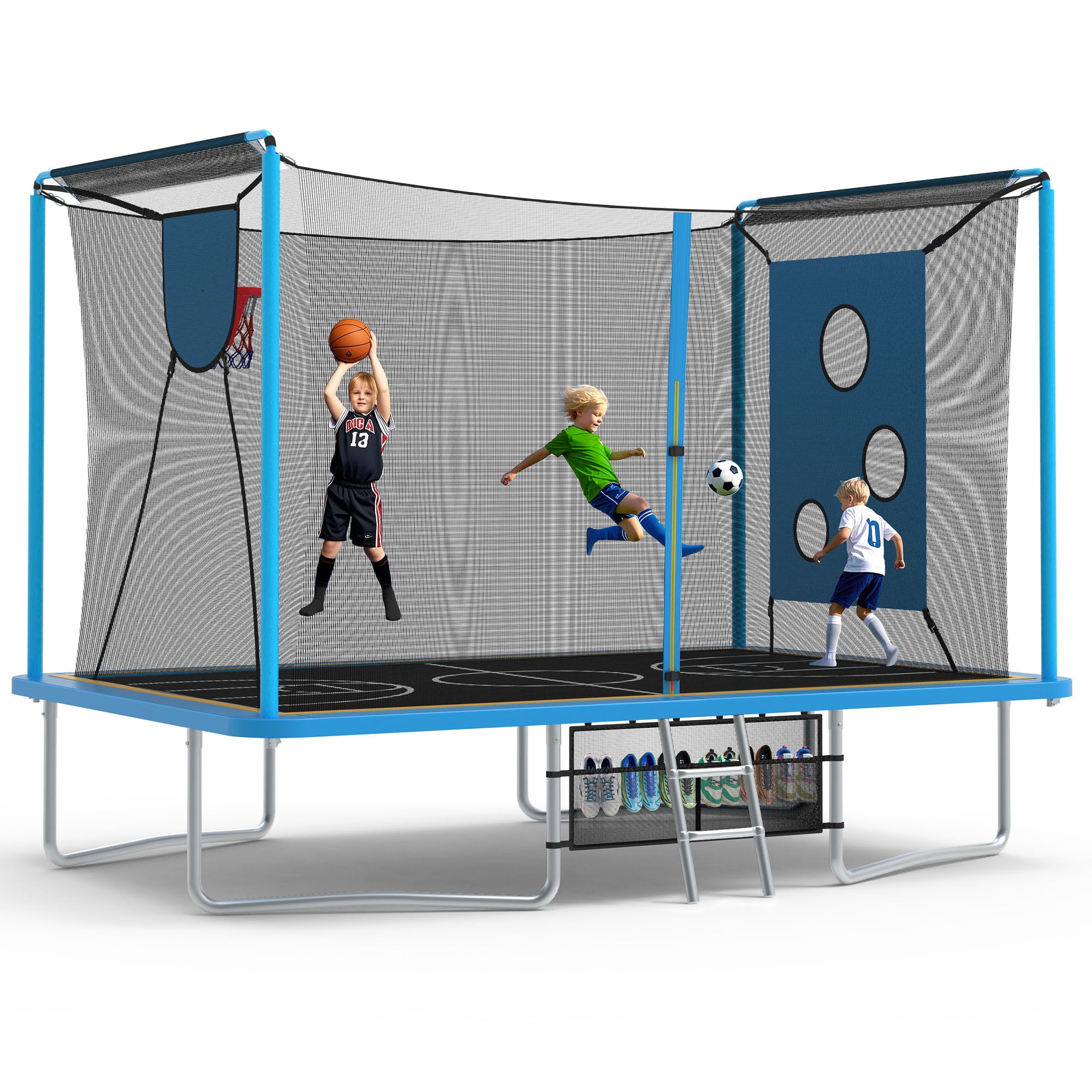 Outdoor Trampoline for Kids, 8x12FT 3-in-1 Rectangle Trampoline W/ Enclosure for Adults, Heavy-Duty Frame, Basketball Hoop, Soccer Target, Shoe Bag, Ladder at Walmart
