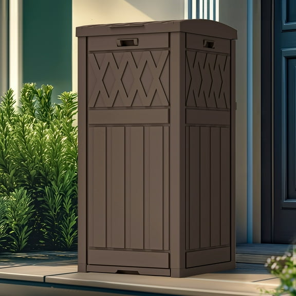 Outdoor Trash Bin with Layered Lid & Drip Tray 33 Gallon, Resilient Waterproof Garbage Can for Kitchen, Patio, Deck, Backyard, Box, Cabinet, Rack for Outdoor Storage